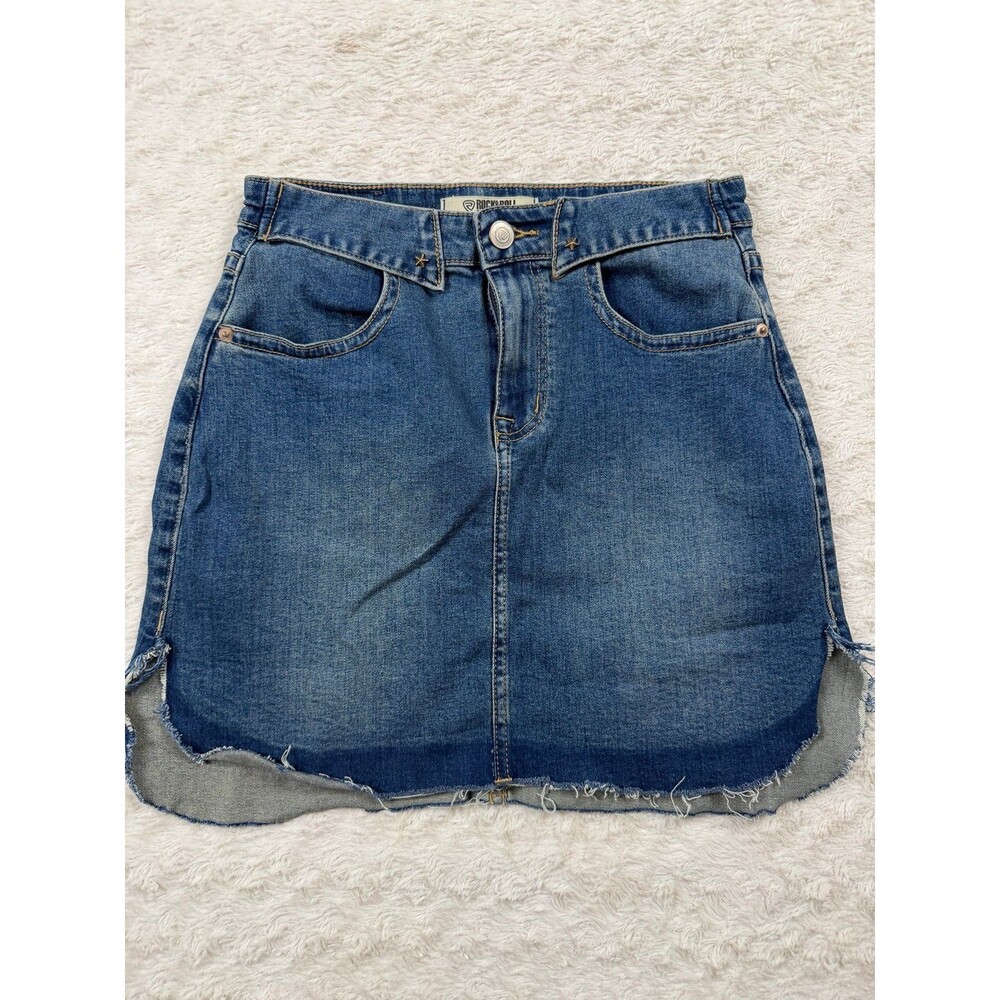 Rock & Roll Denim Women's Blue High Rise A-Line Skirt Frayed Hem Button Size 28